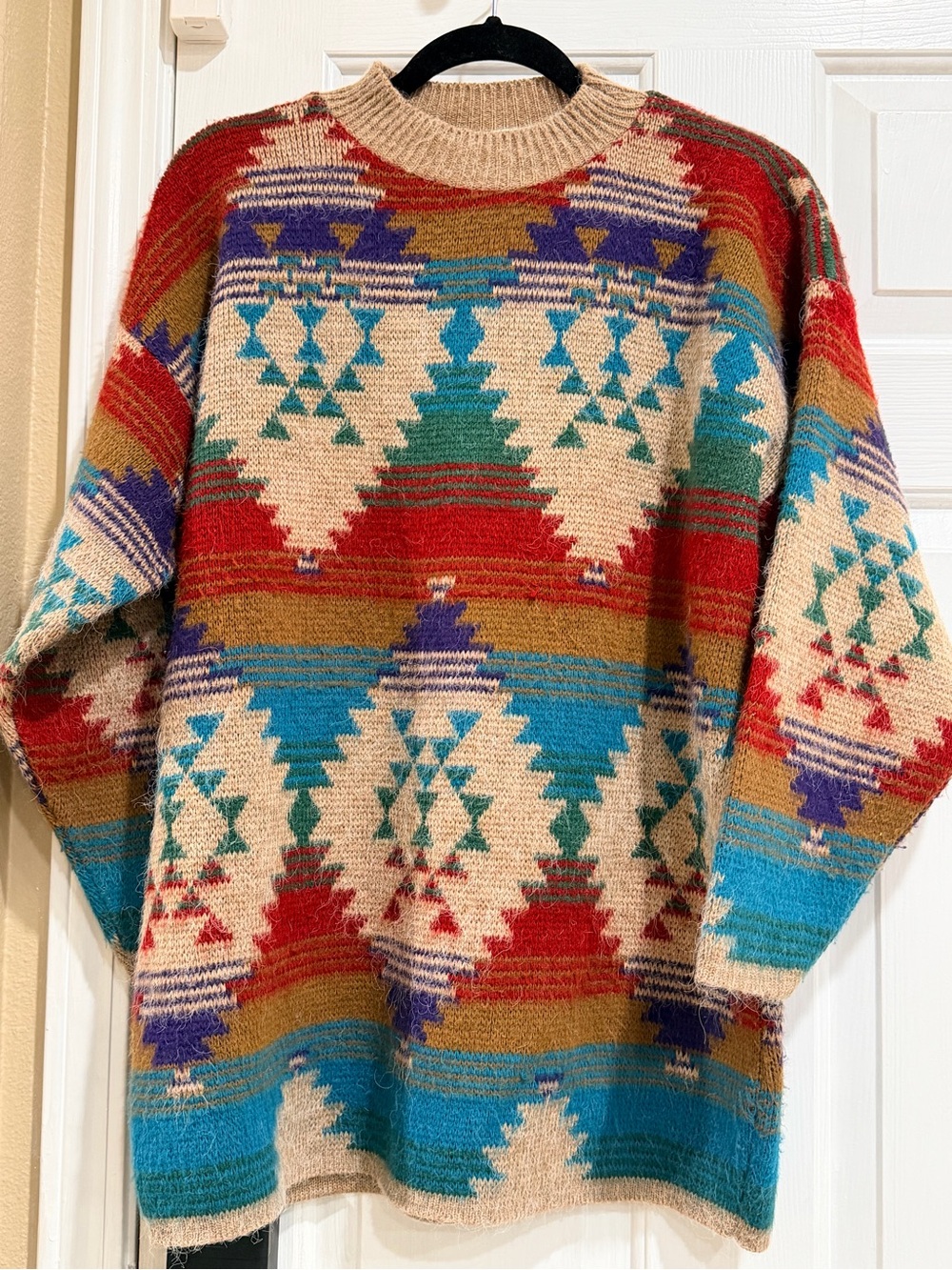 Women's Multicolor Aztec Crewneck Sweater - Beige Base